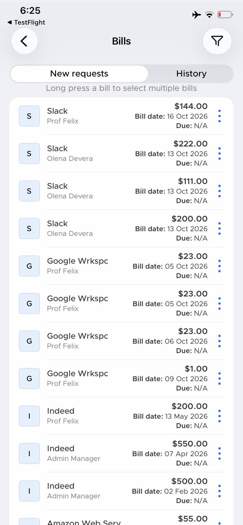 Bills page with New requests and History tabs, a long-press hint and bill rows showing Bill date and Due dates