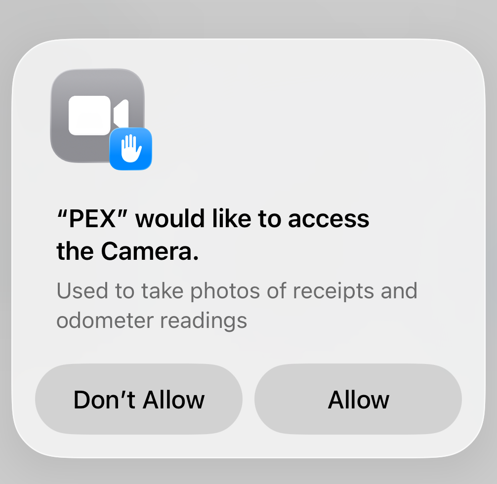 iPhone prompt reading "PEX" would like to access the Camera — Used to take photos of receipts and odometer readings