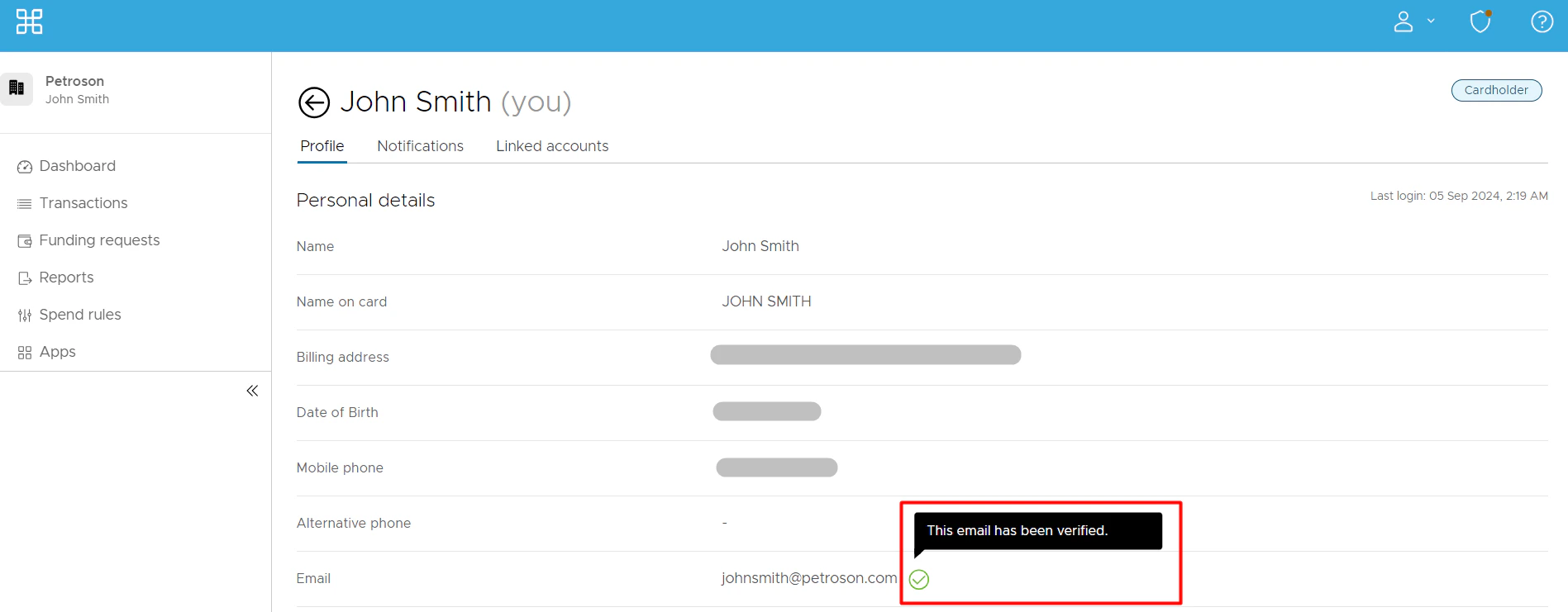 Profile details with verified email