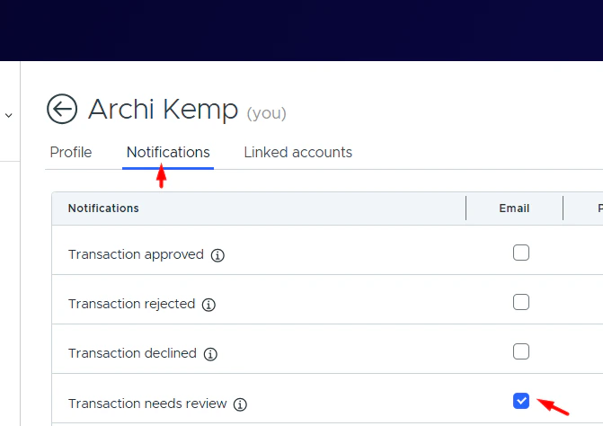 Profile Notifications settings for approval items
