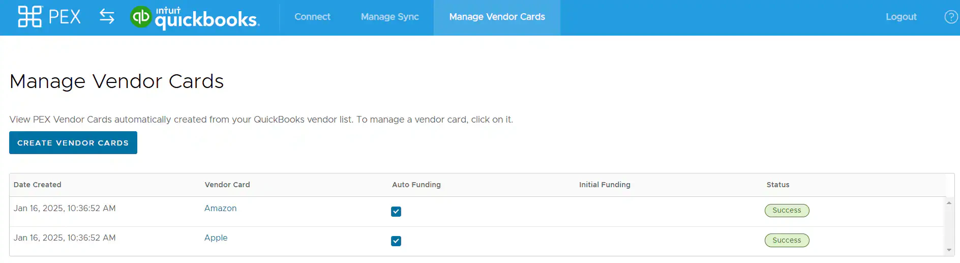 Manage vendor cards