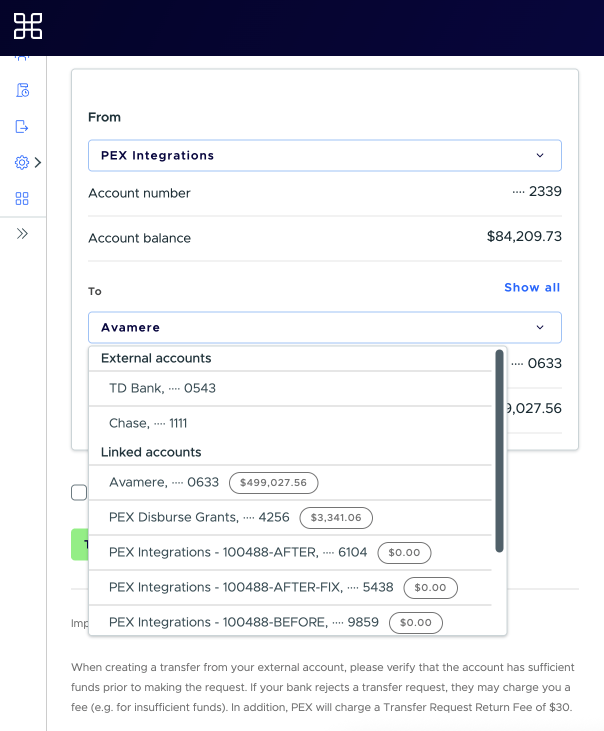 The "To" dropdown showing external accounts and linked PEX accounts with their balances