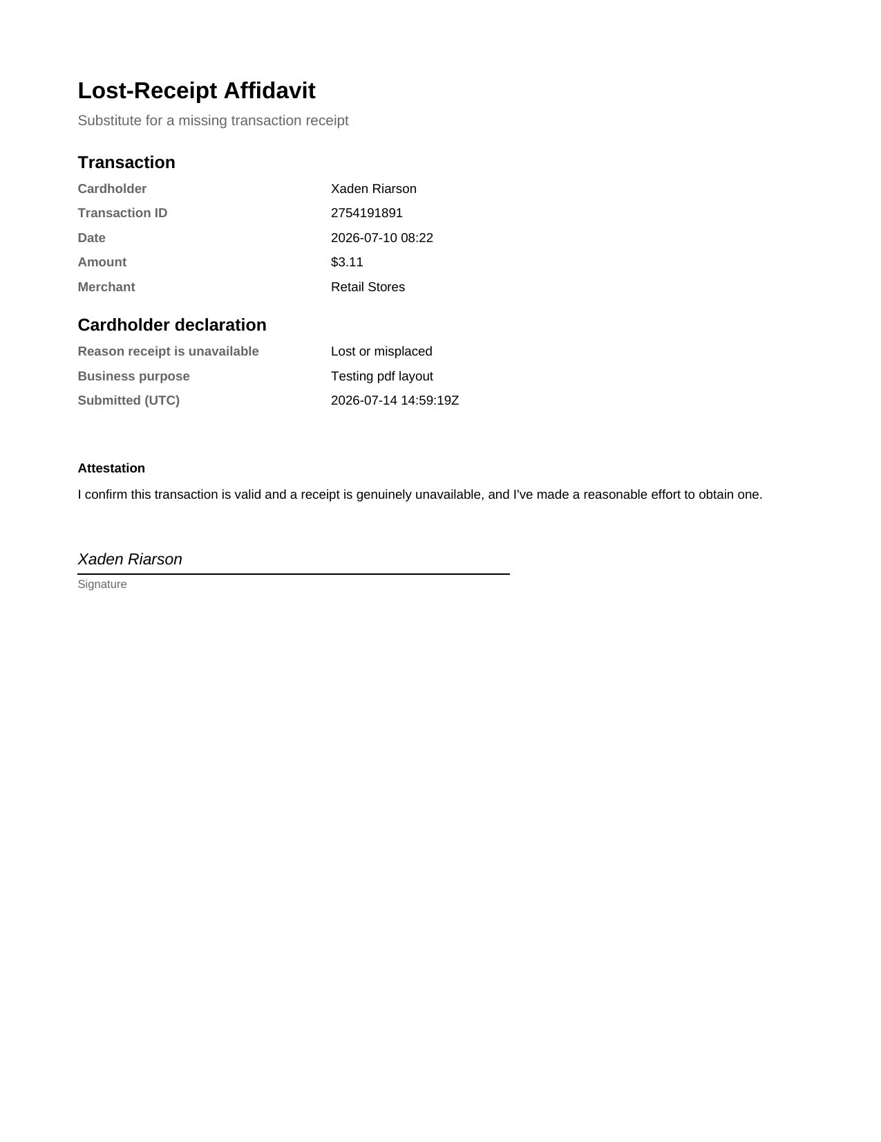 Generated lost-receipt affidavit showing the transaction, Cardholder declaration, attestation and signature