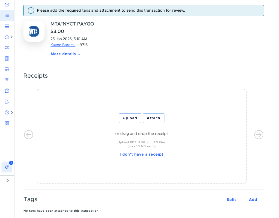 Transaction details page with the I don't have a receipt option in the Receipts section