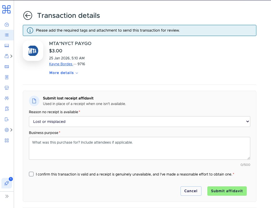 Submit lost receipt affidavit form with reason, business purpose, confirmation checkbox and Submit affidavit button