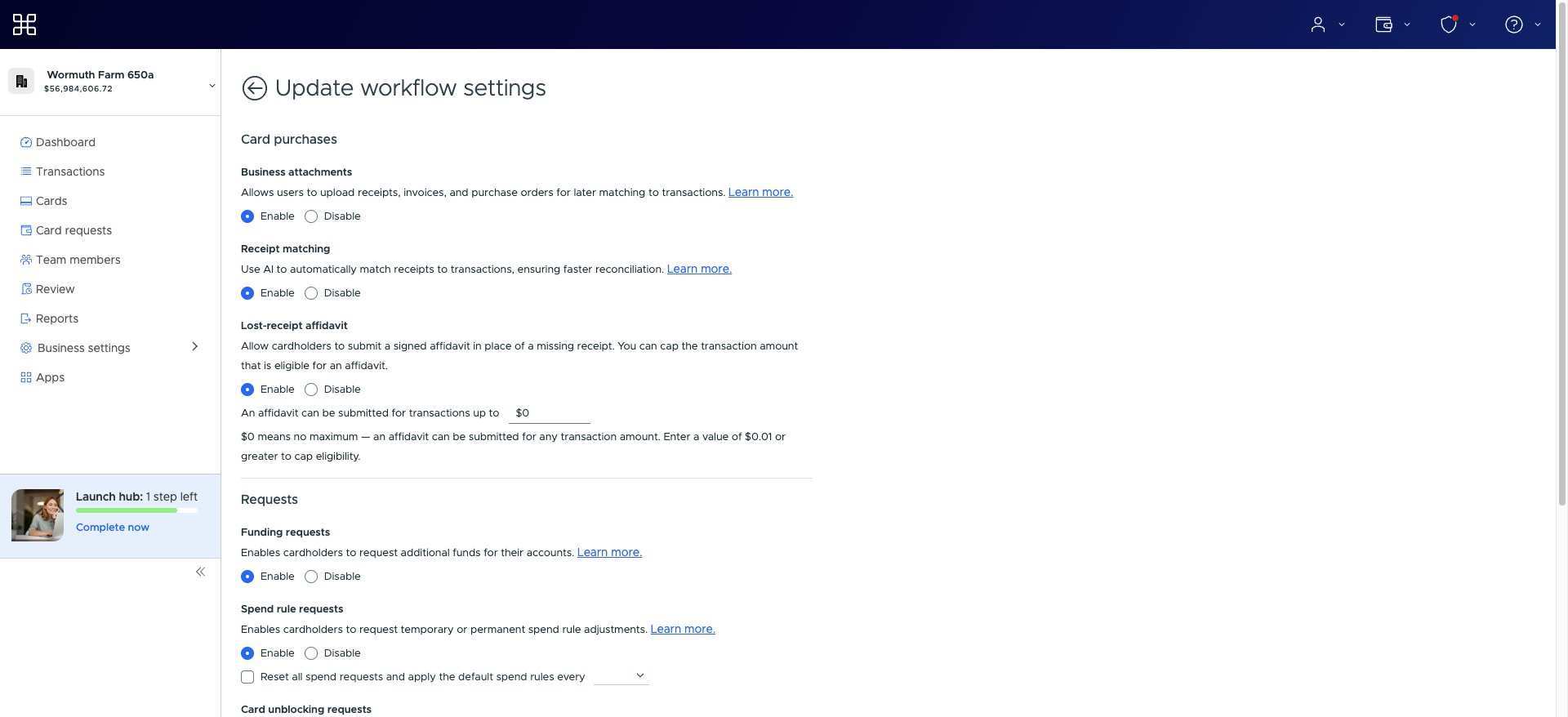 Update workflow settings page with the lost-receipt affidavit enabled and no maximum transaction amount