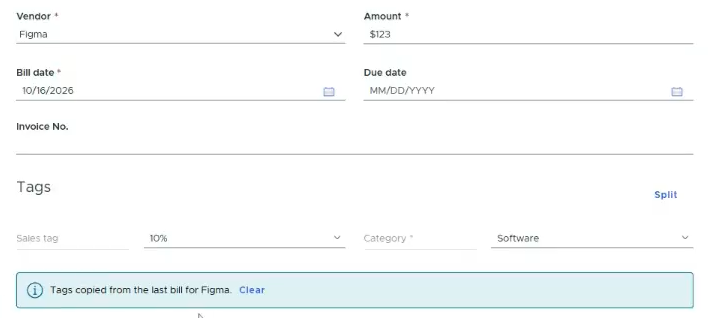 Create bill form showing tags copied from the last bill for the vendor with a Clear link