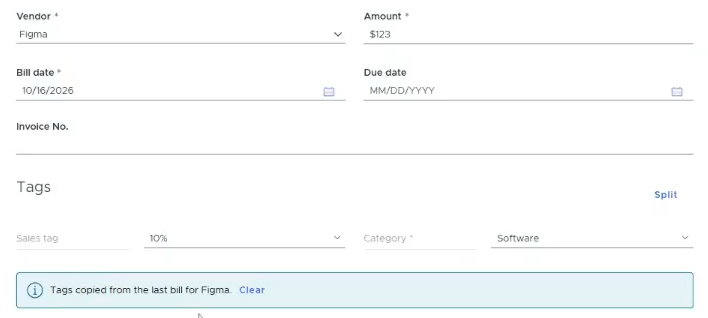 Create bill form showing tags copied from the last bill for the vendor with a Clear link