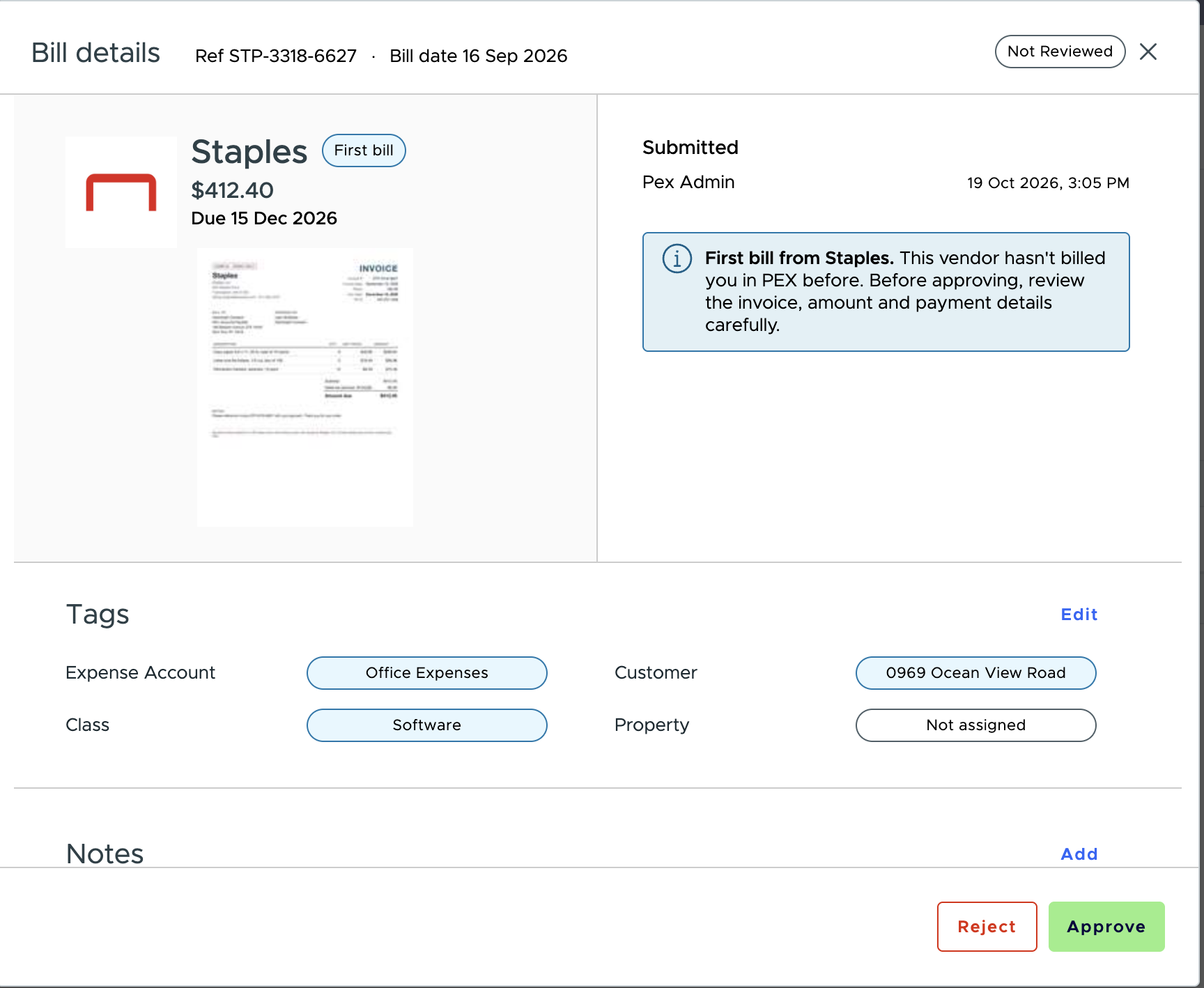 Bill details panel for a first bill from a vendor, with tags and Approve and Reject buttons
