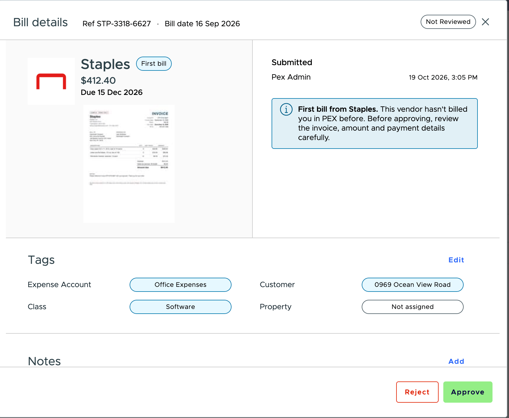 Bill details panel for a first bill from a vendor, with tags and Approve and Reject buttons