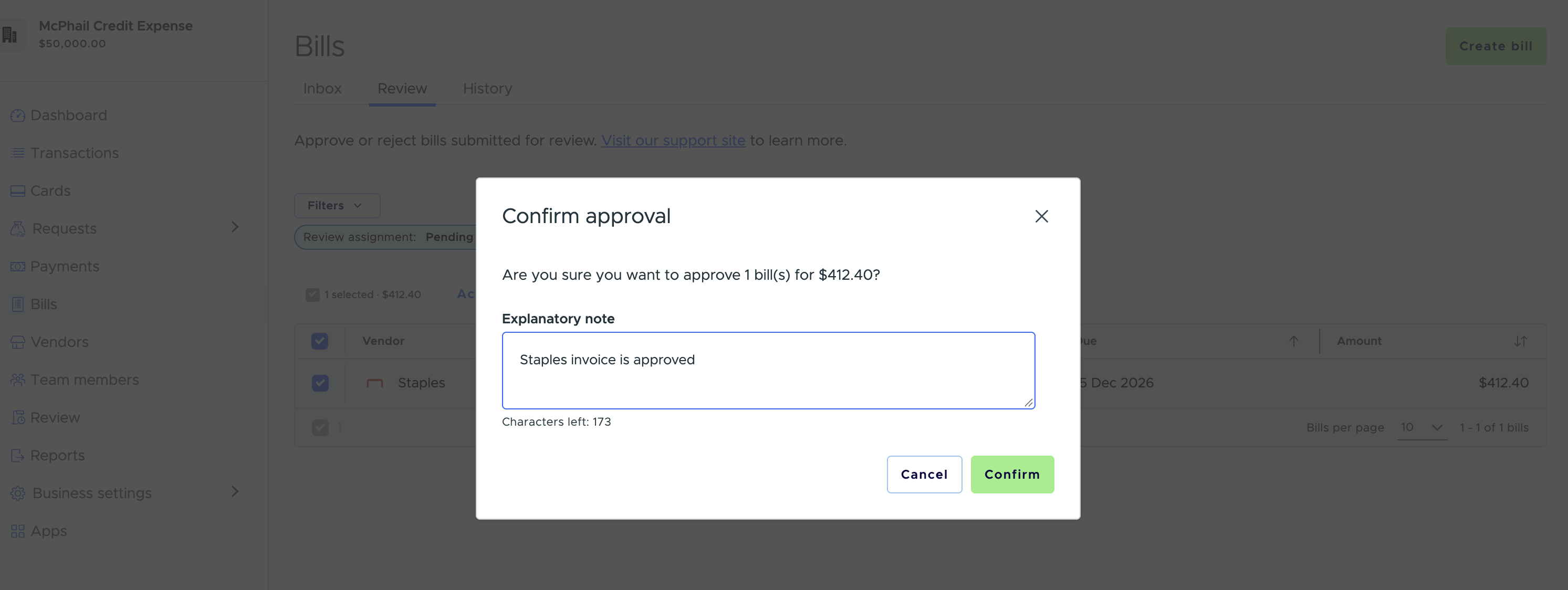 Confirm approval dialog showing 1 bill for $412.40 with an explanatory note