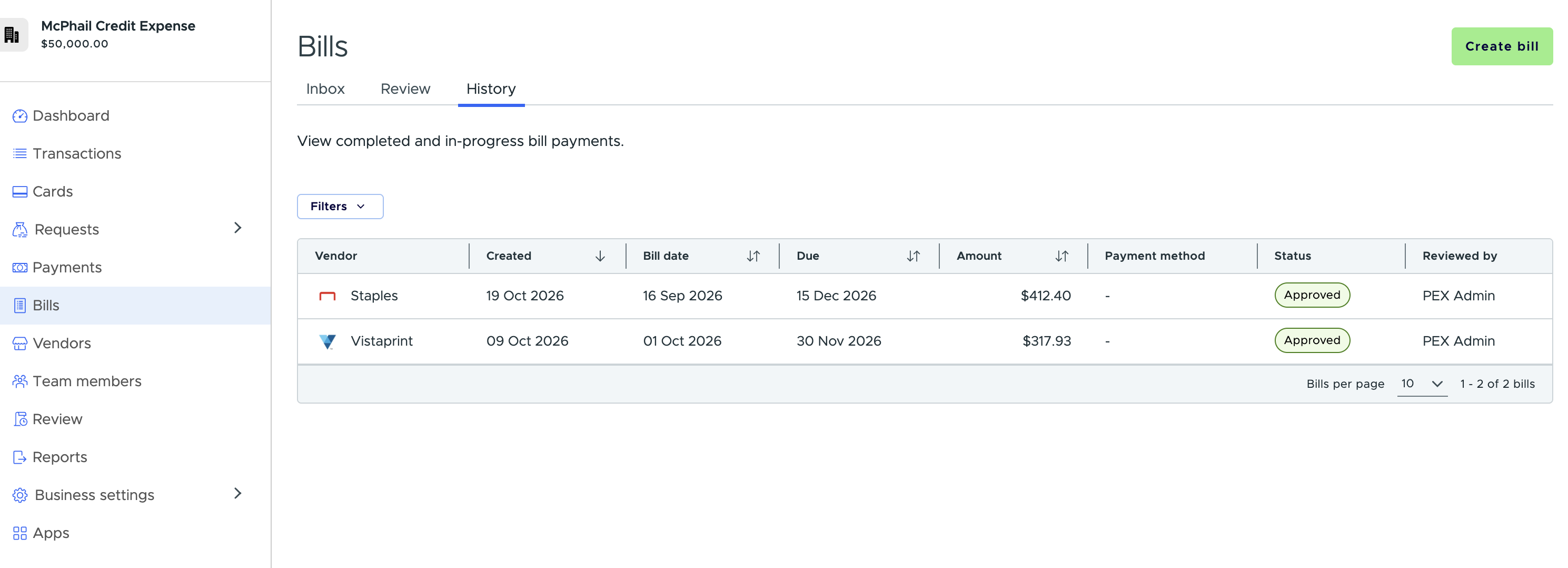 Bills History tab showing approved bills with the Payment method column