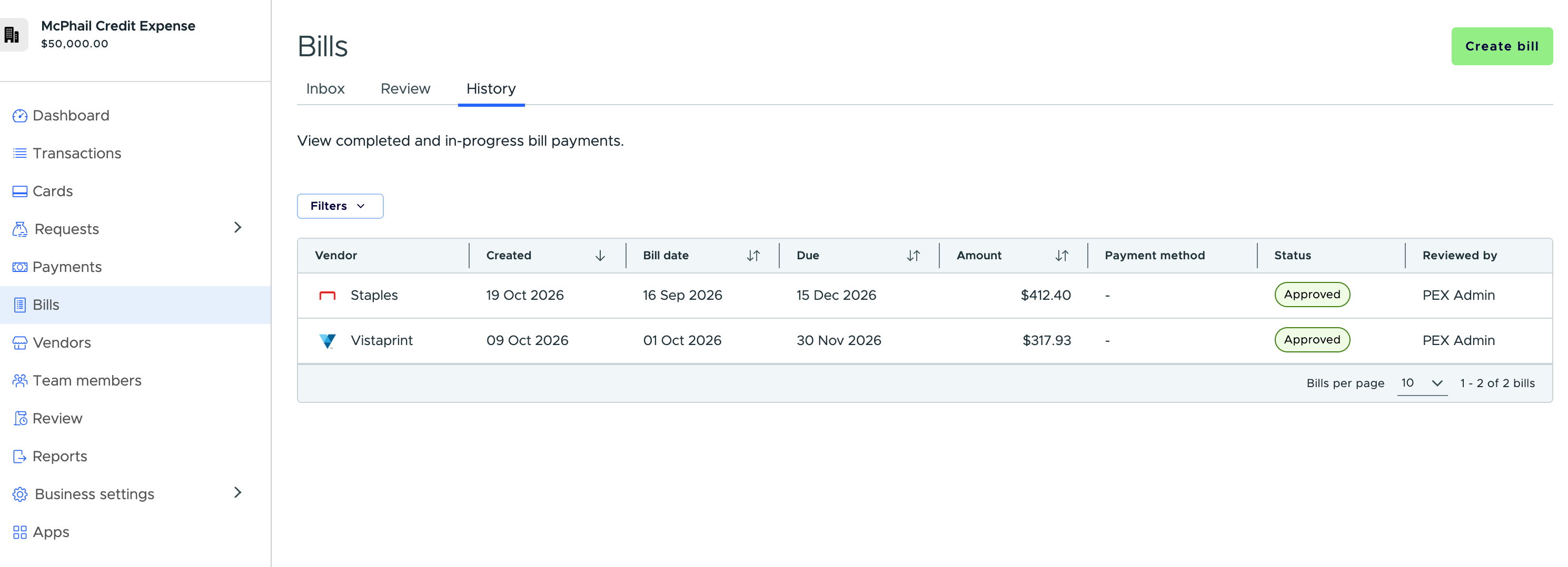 Bills History tab showing approved bills with the Payment method column