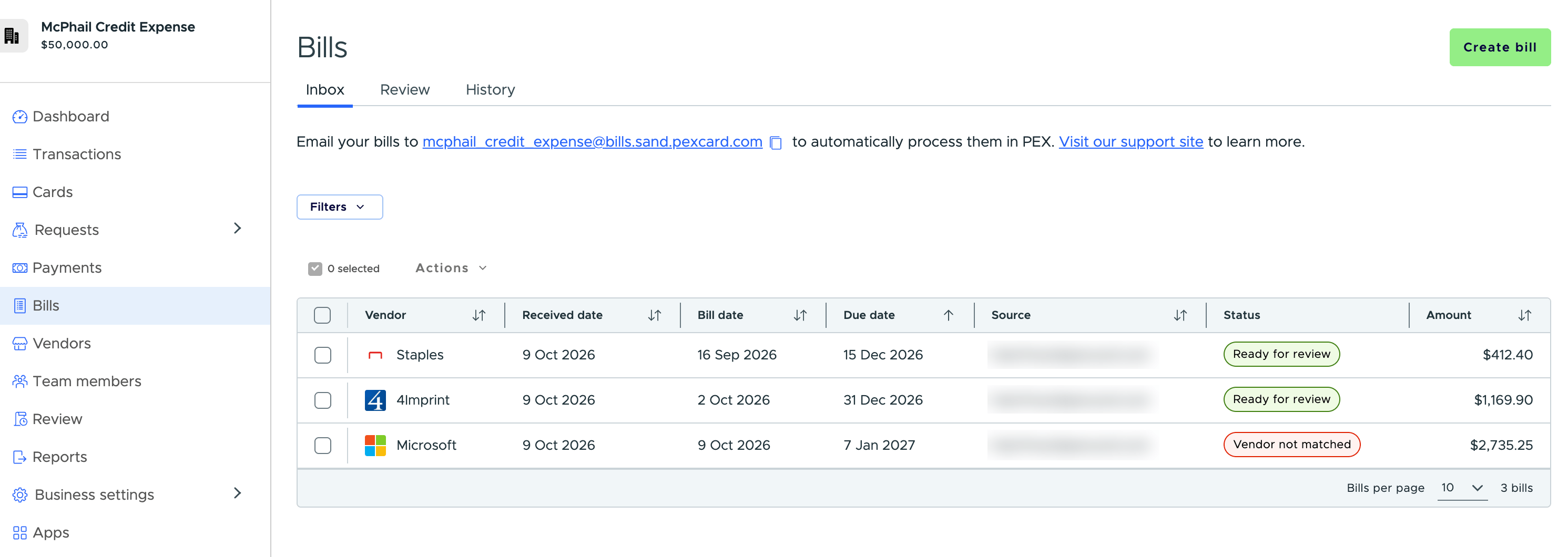 Bills Inbox tab listing emailed bills with vendor, received date, bill date, due date, source, status and amount