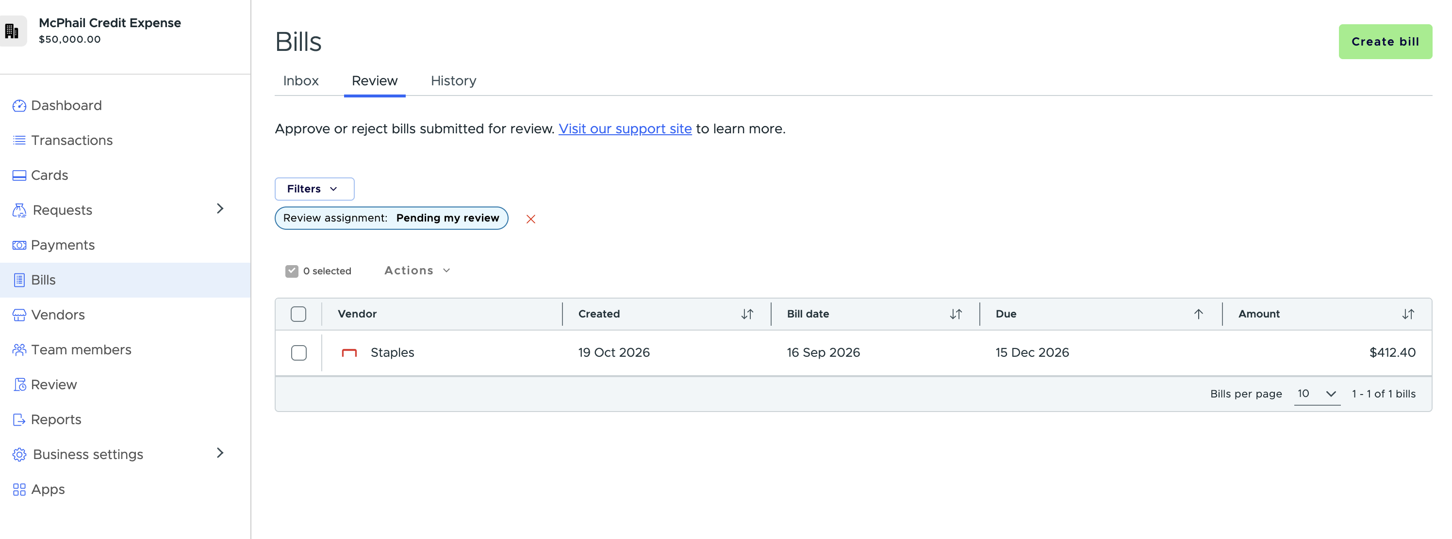 Bills Review tab filtered to Pending my review, sorted by due date