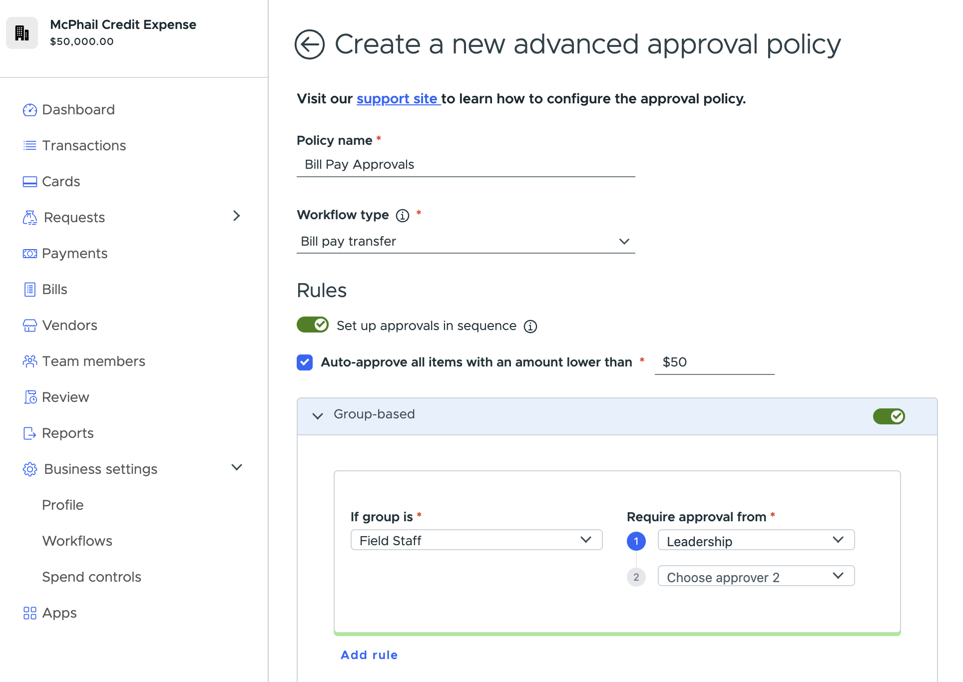 Create a new advanced approval policy form with the Bill pay transfer workflow type, approvals in sequence, auto-approval under $50 and a group-based rule