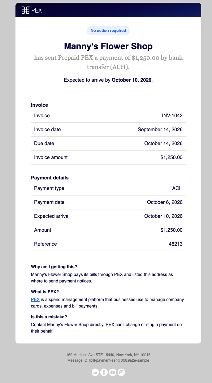 Sample vendor payment notification email for invoice INV-1042