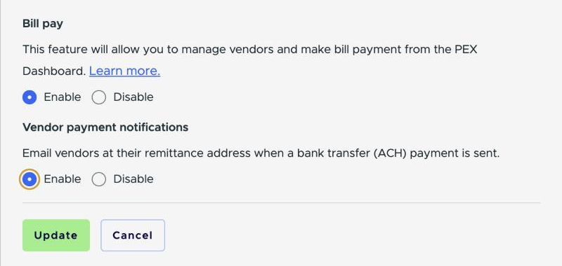 Vendor payment notifications set to Enable on the business settings edit page