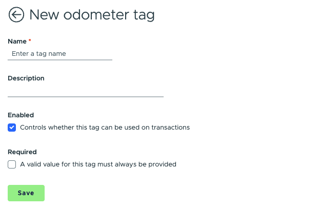 The New odometer tag form with Name, Description, Enabled and Required fields