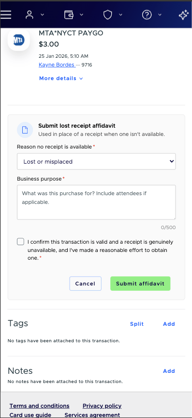 Lost-receipt affidavit form on dashboard.pexcard.com in a mobile browser showing the reason, business purpose, confirmation checkbox and Submit affidavit button