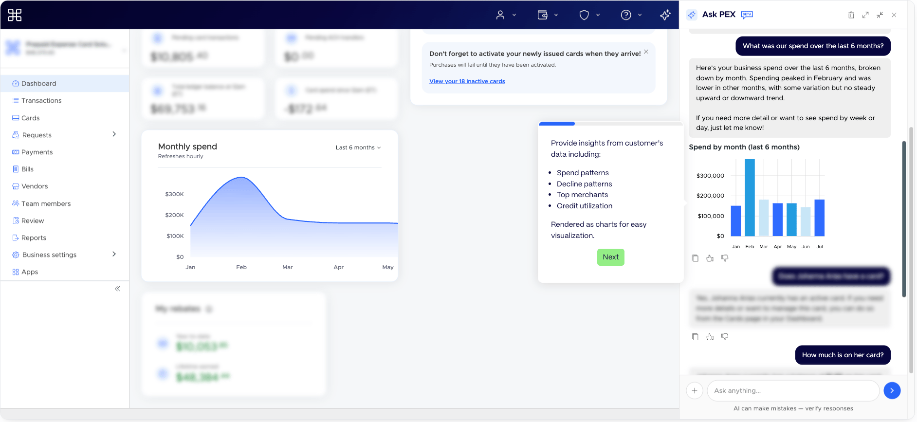 The PEX AI Agent visualizing account spend data in the Ask PEX panel