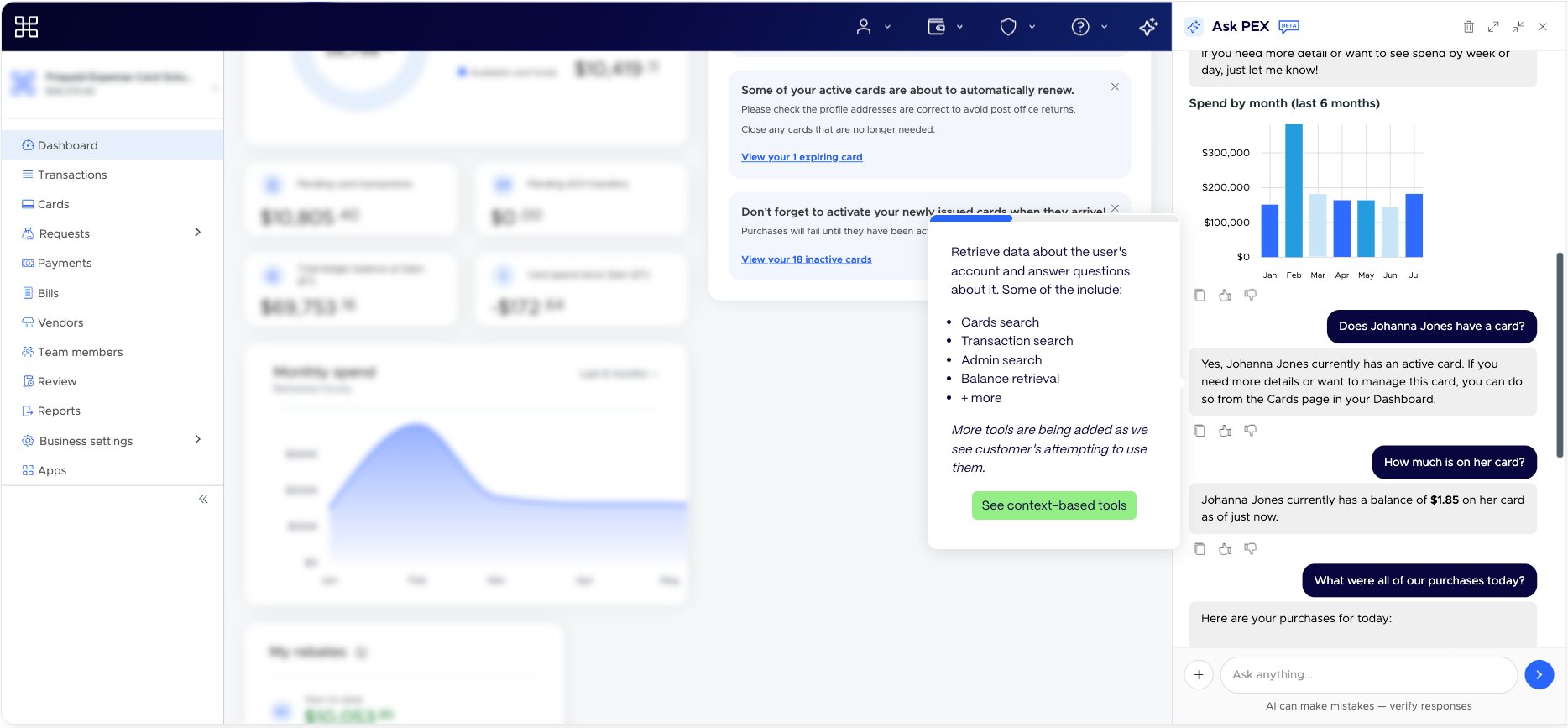 The PEX AI Agent answering questions about cards, balances and purchases in the Ask PEX panel