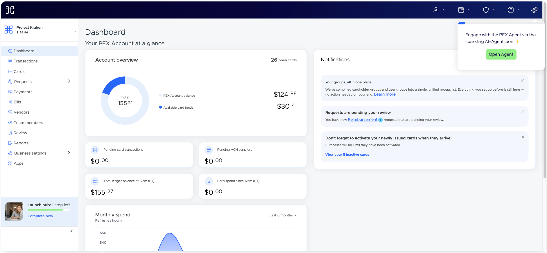 The Sparkle AI Agent icon in the top-right menu of the PEX Dashboard