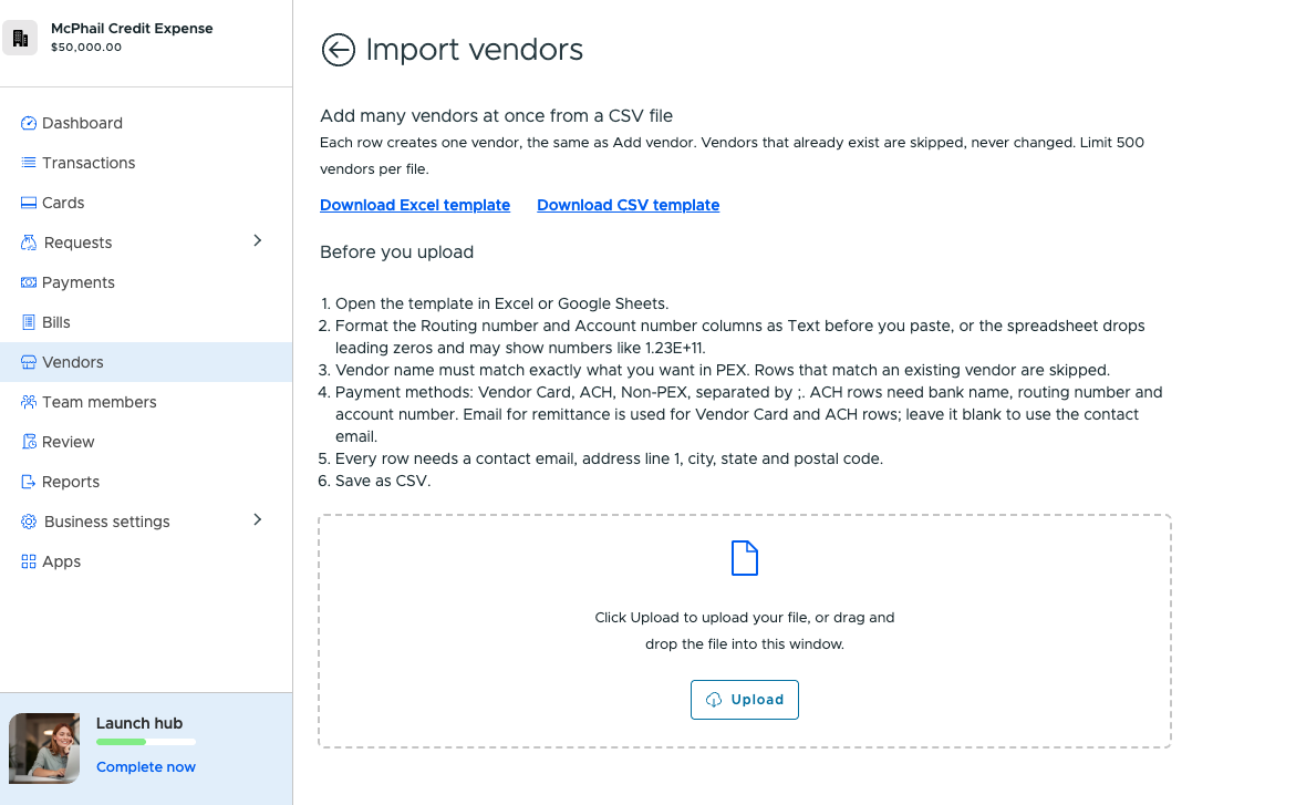 Import vendors page with the Excel and CSV template links, the Before you upload steps and the upload area