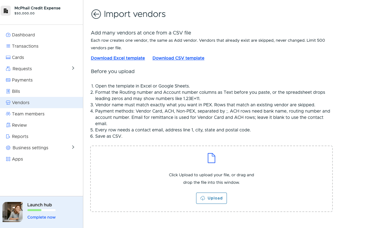 Import vendors page with the Excel and CSV template links, the Before you upload steps and the upload area
