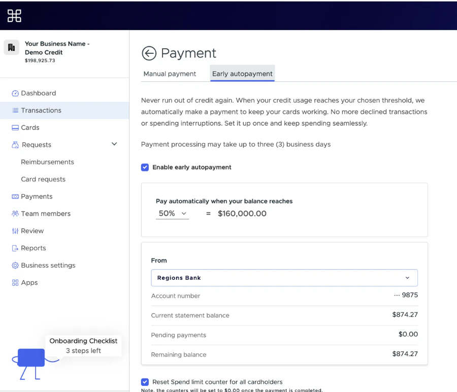 Transactions page showing Make a payment and Early auto payment option