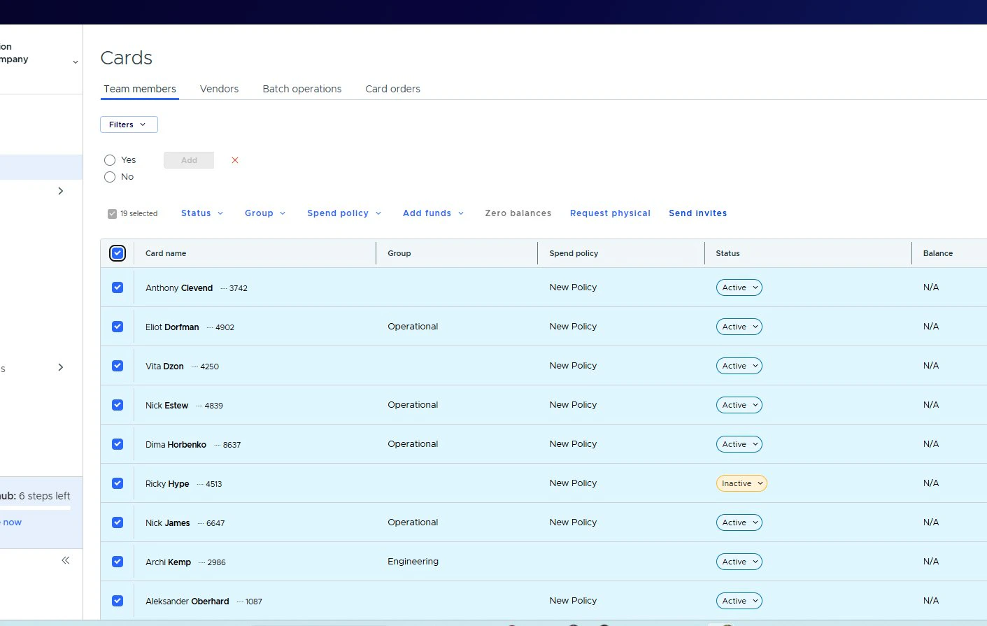 Cards page showing team member cardholders list