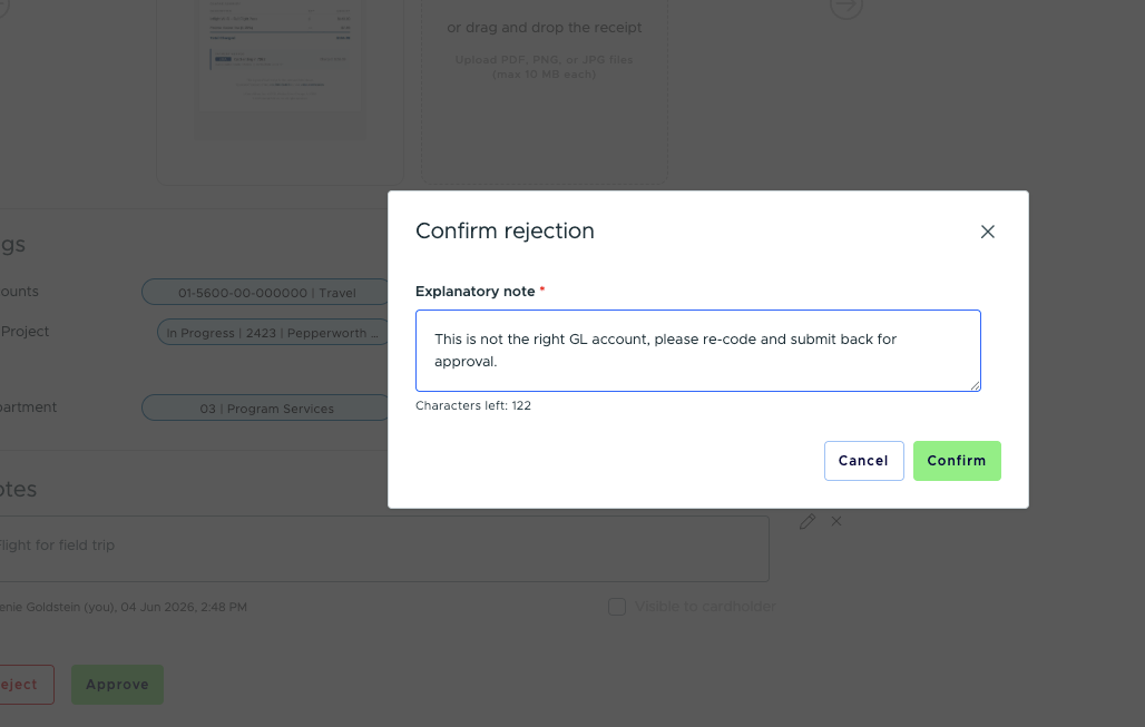 Confirm rejection modal with an explanatory note field where an admin types a message to the Cardholder before confirming the rejection