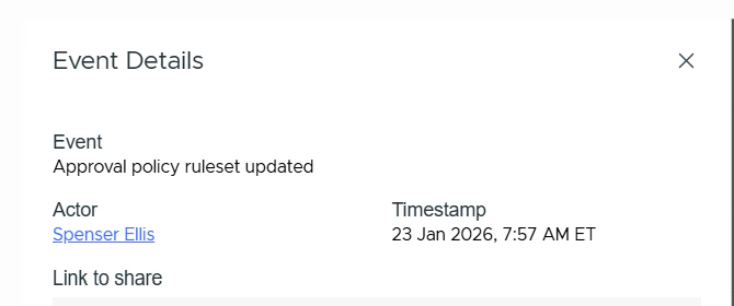 The Event Details panel showing the event name, actor, timestamp, and a Link to share field.