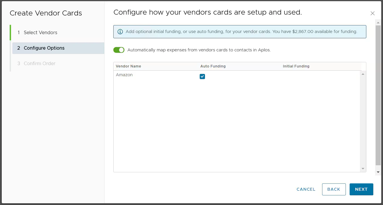 Vendor card funding and options