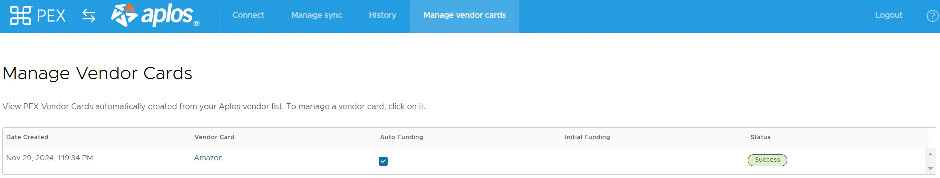 Manage vendor cards tab