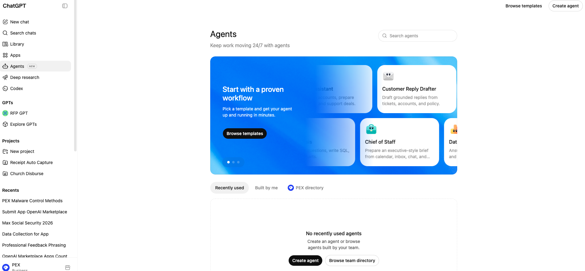 Agents page showing the Create agent button and agent directory