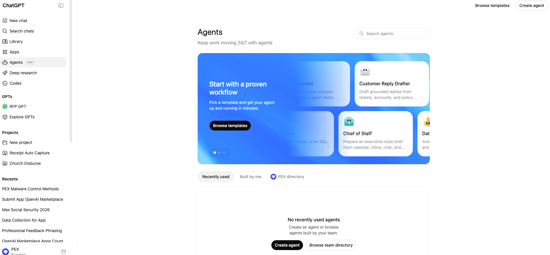 Agents page showing the Create agent button and agent directory
