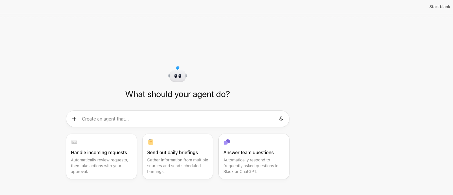 What should your agent do screen with the Start blank link in the top-right corner