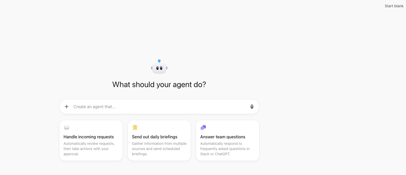What should your agent do screen with the Start blank link in the top-right corner