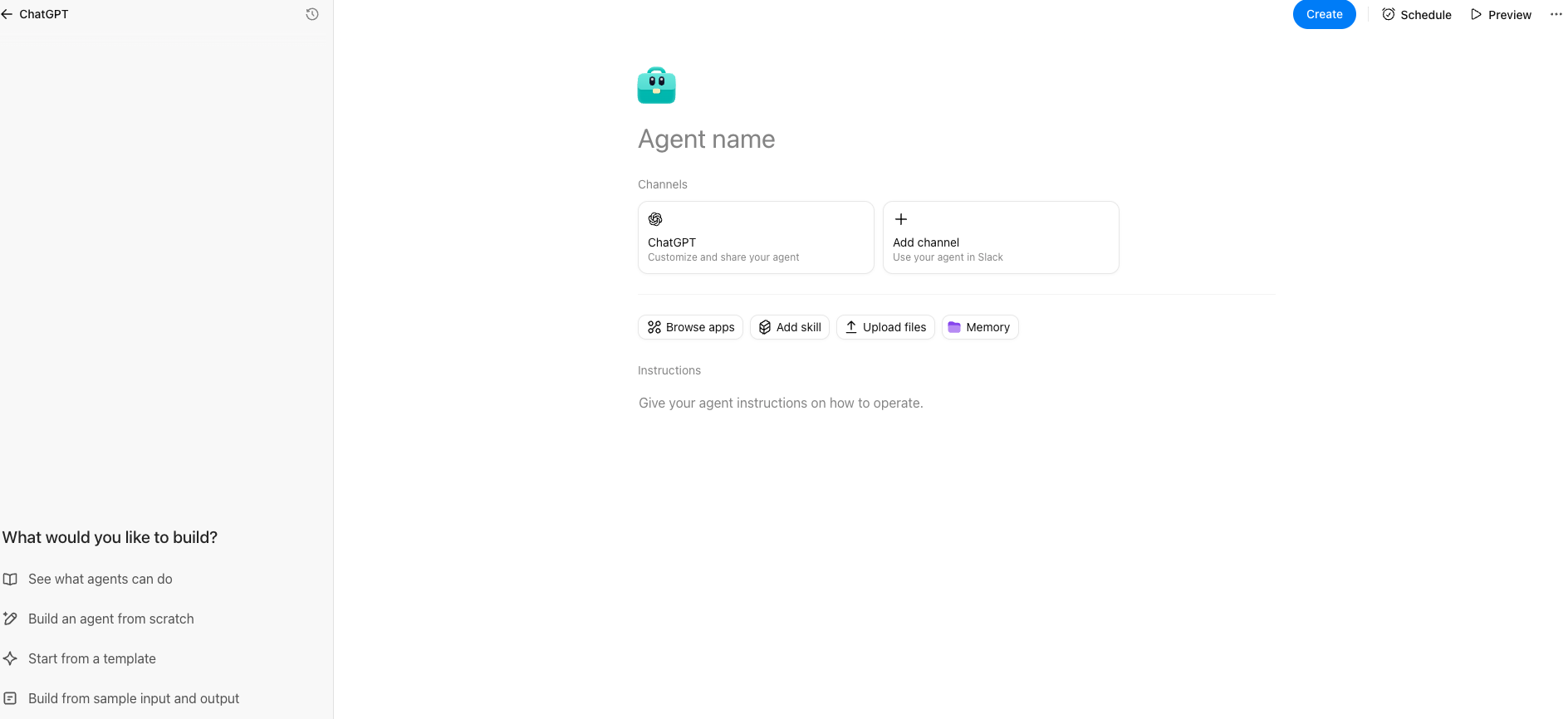 Agent configuration page showing Agent name, Channels, Browse apps, Add skill, Upload files, Memory, and Instructions fields