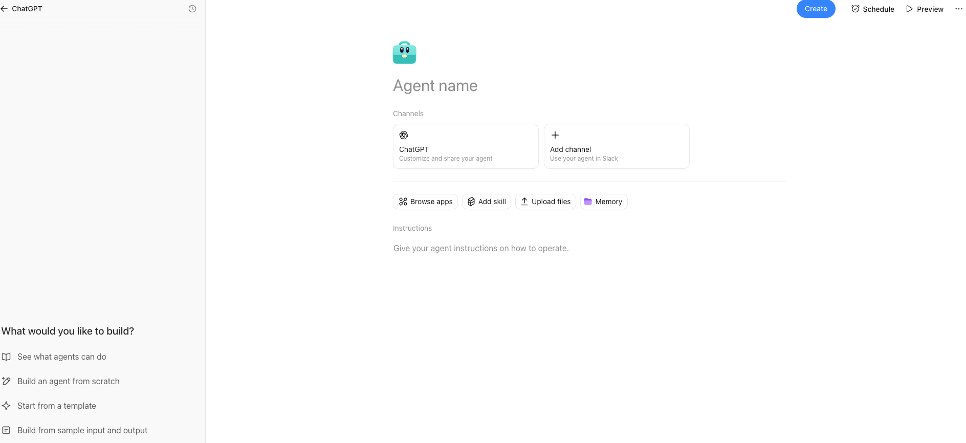 Agent configuration page showing Agent name, Channels, Browse apps, Add skill, Upload files, Memory, and Instructions fields