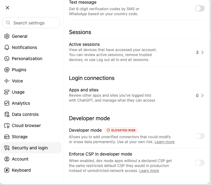 Security and login settings showing the Developer mode toggle