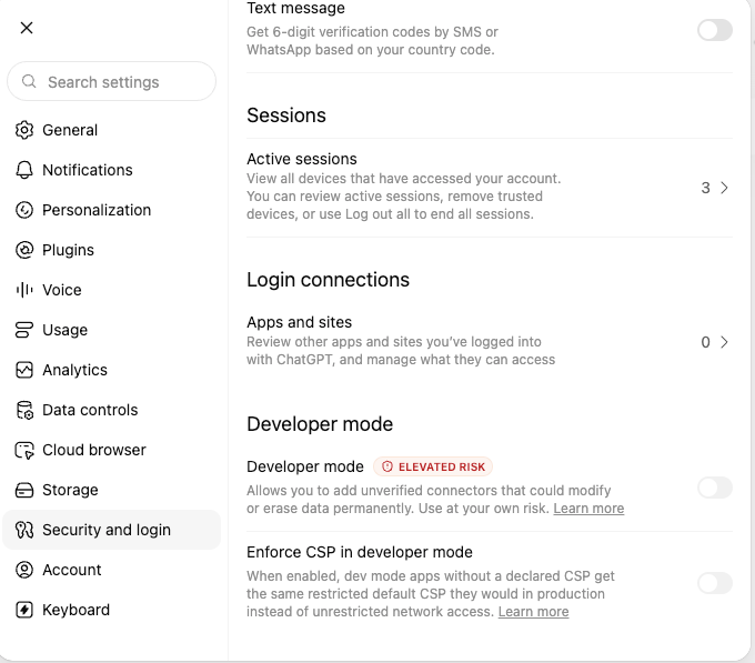 Security and login settings showing the Developer mode toggle