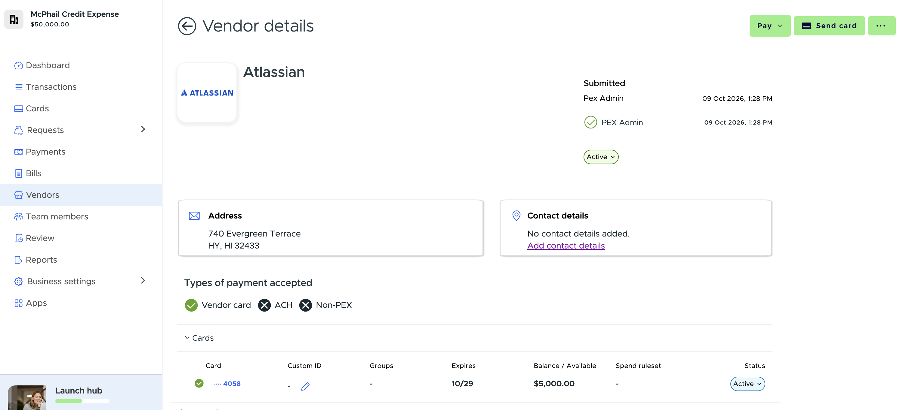 Vendor details page showing the vendor's address, types of payment accepted and the Cards list with Custom ID, groups, expiry, balance, spend ruleset and status