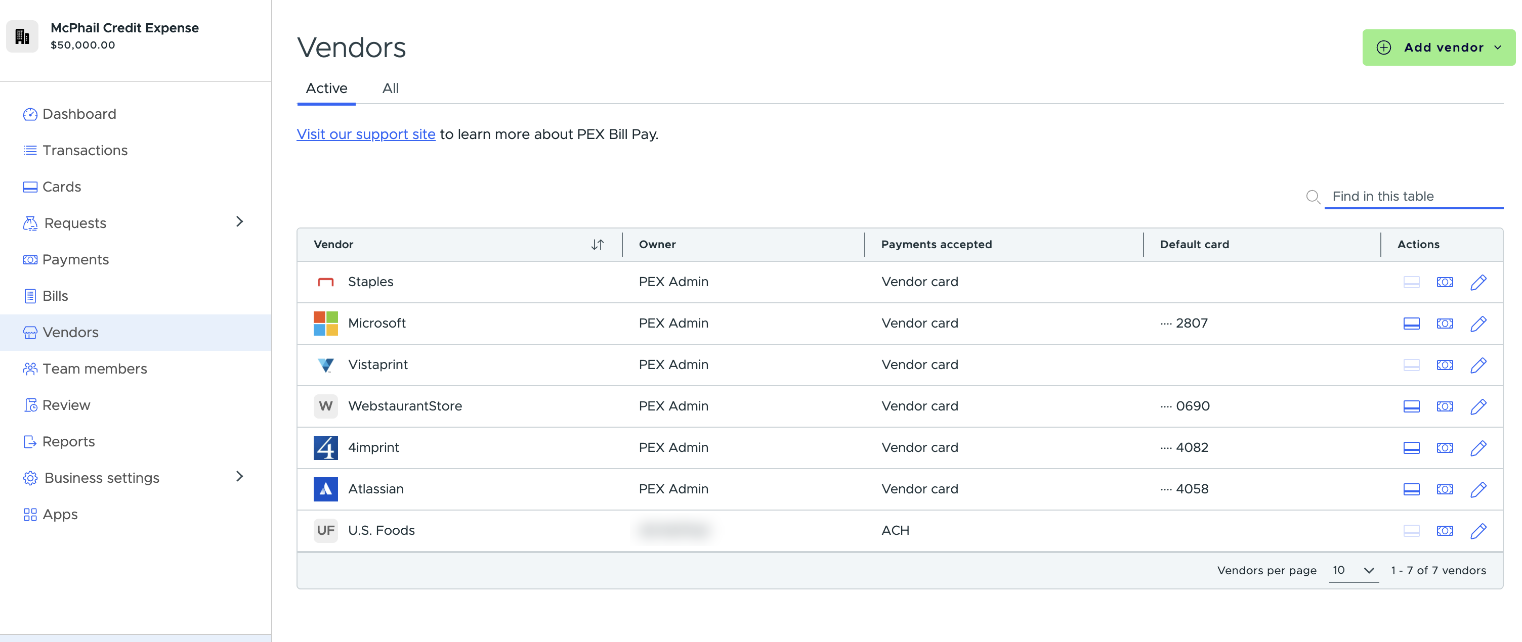 Vendors list on the Active tab with the search box, payments accepted, default card and the card, bill and pencil action icons