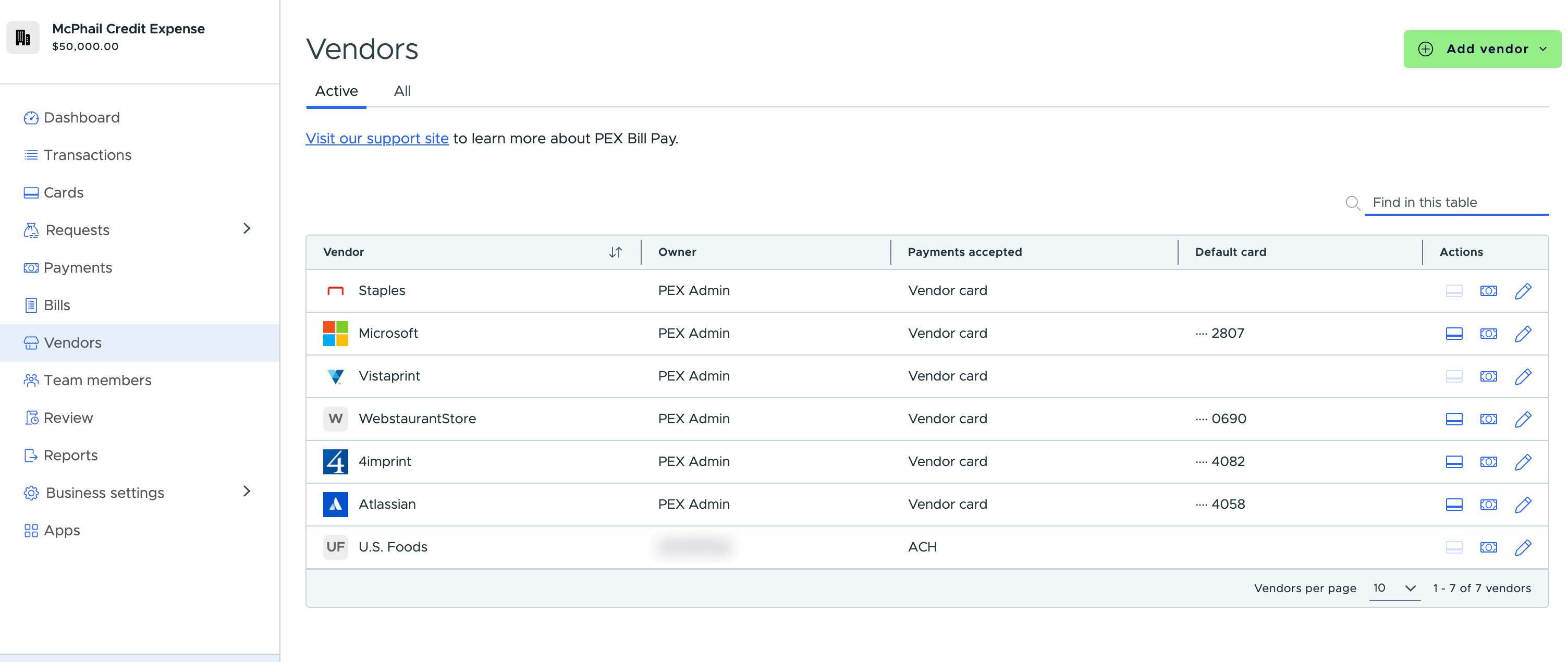 Vendors list on the Active tab with the search box, payments accepted, default card and the card, bill and pencil action icons