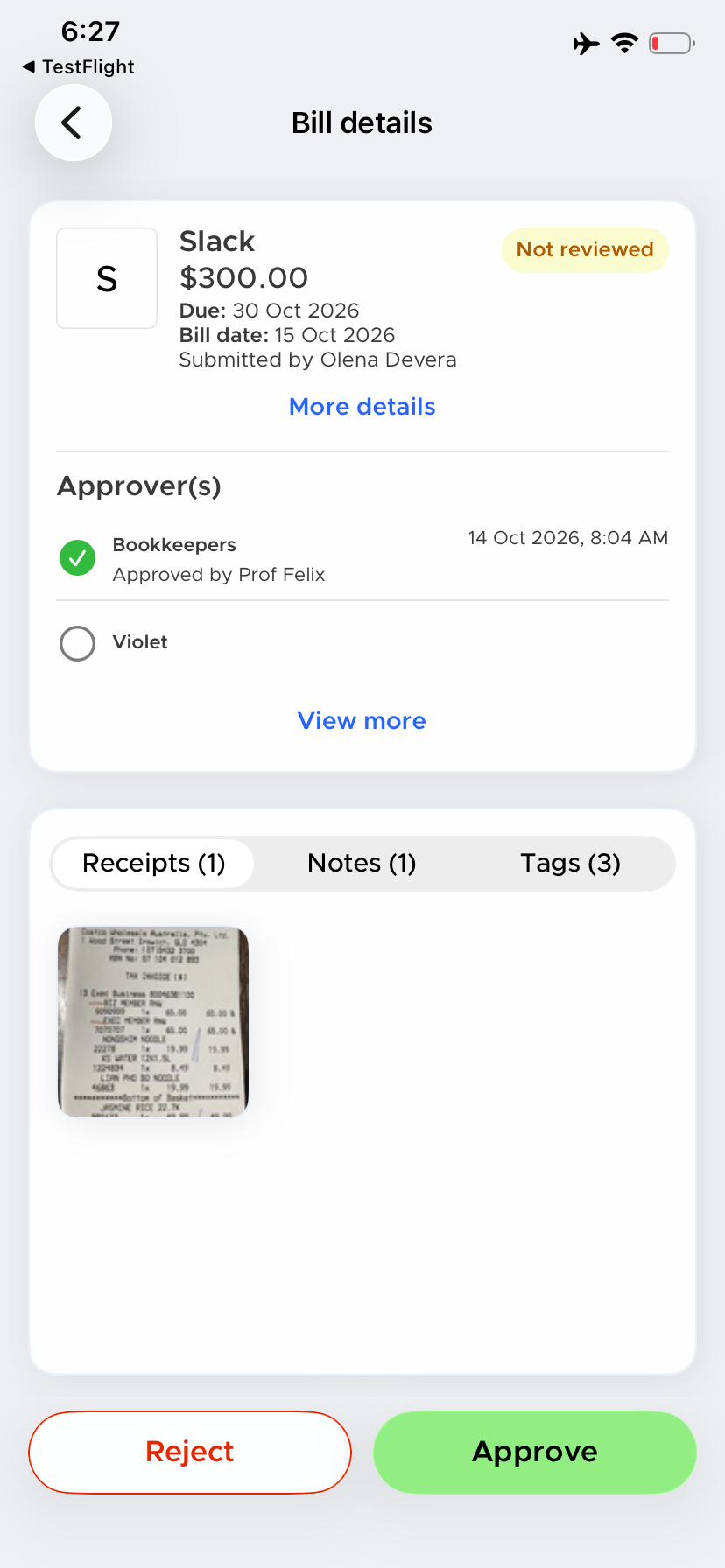 Bill details with Receipts (1), Notes and Tags tabs and Reject and Approve buttons