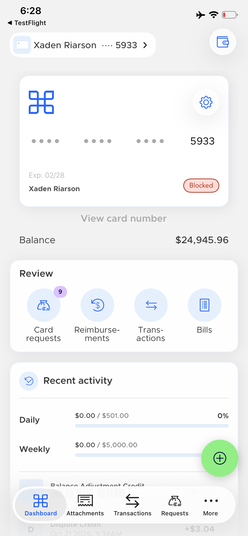 Cardholder Dashboard Review card showing Card requests, Reimbursements, Transactions and Bills