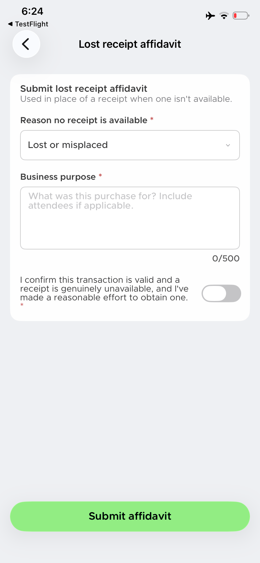 Lost receipt affidavit form showing the reason, business purpose, confirmation toggle and Submit affidavit button