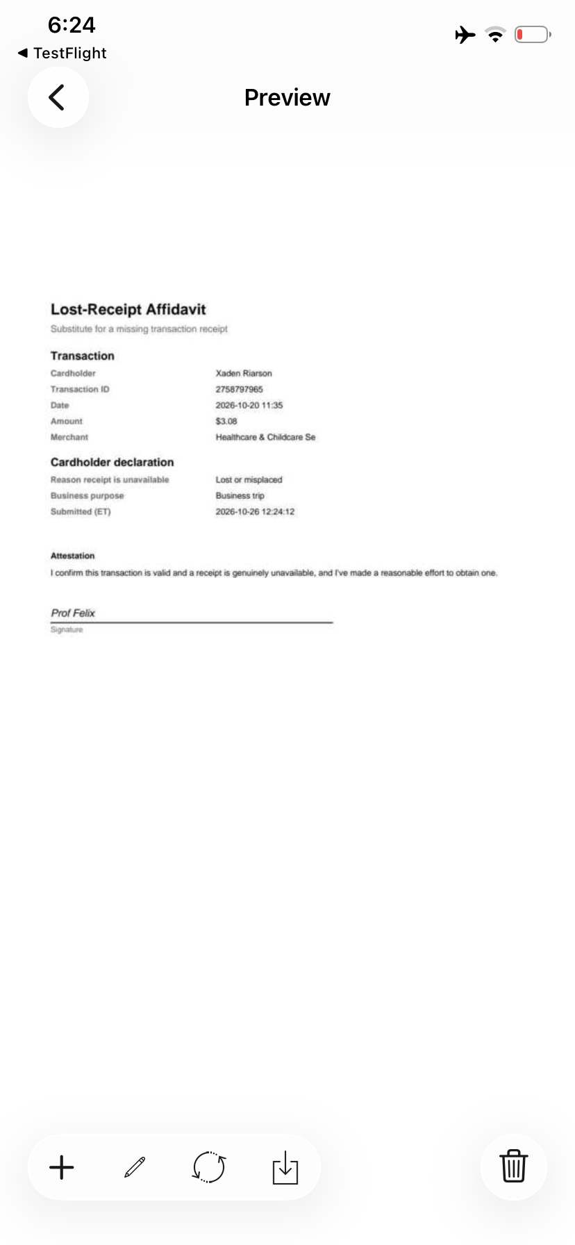 Preview of the signed lost-receipt affidavit with controls to edit, replace, download or delete it